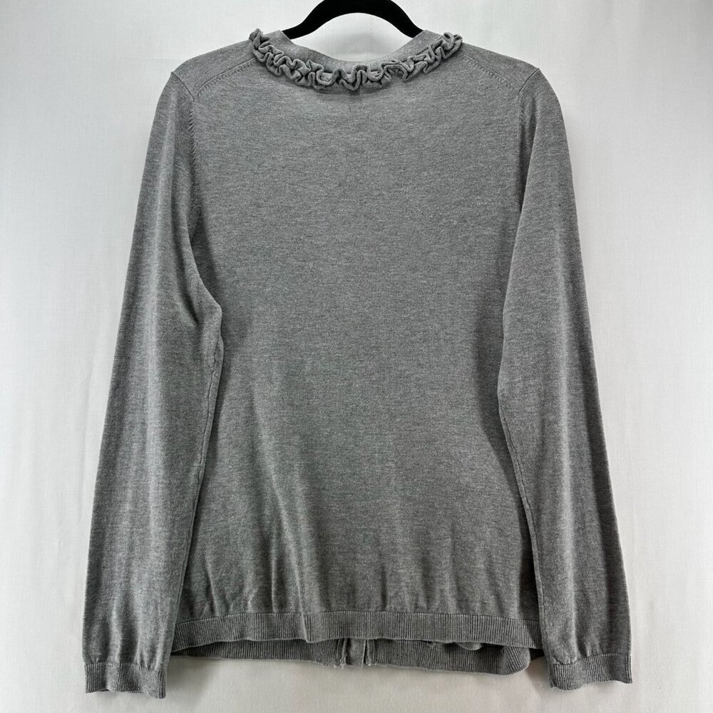 Talbots Cardigan Sweater Womens L Button Up V-Neck Ruffle Placket 4-Pocket Gray - Picture 2 of 12